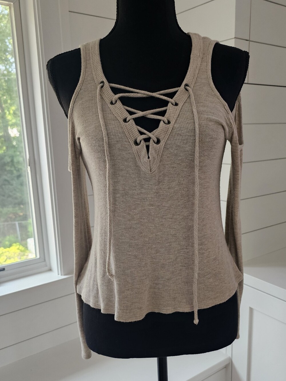 Full Tilt Taupe Lace-Up Cold-Shoulder Rib Knit Top